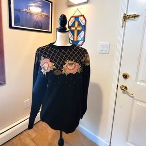 Vintage Eminent Black & Pink Beaded with Patchwork  Sweater